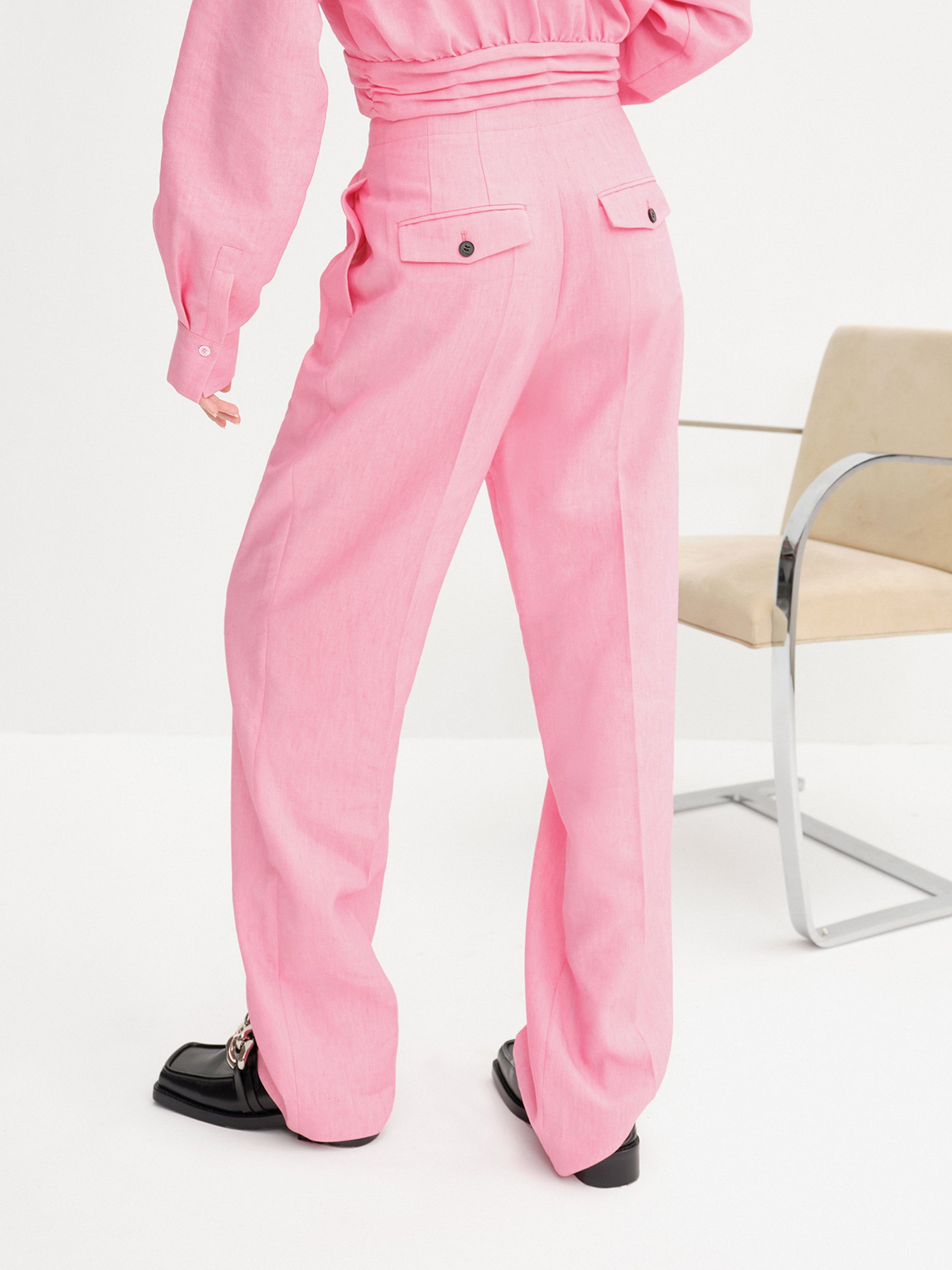 Women's Linen Blend High-rise Wide Leg Suit Pants in Pink