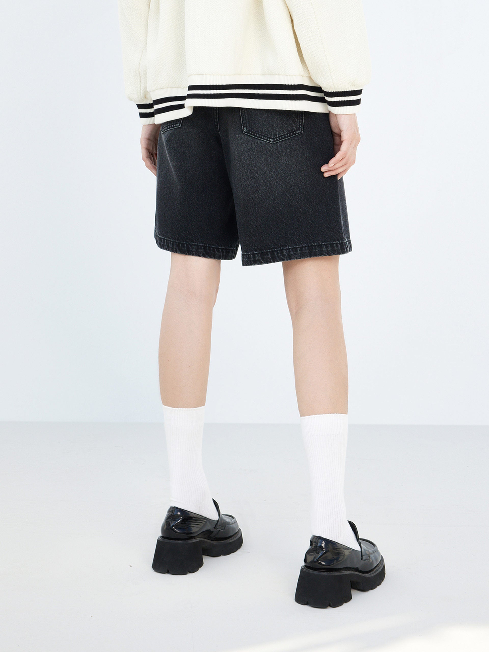 High Rise Black Cotton Denim Shorts