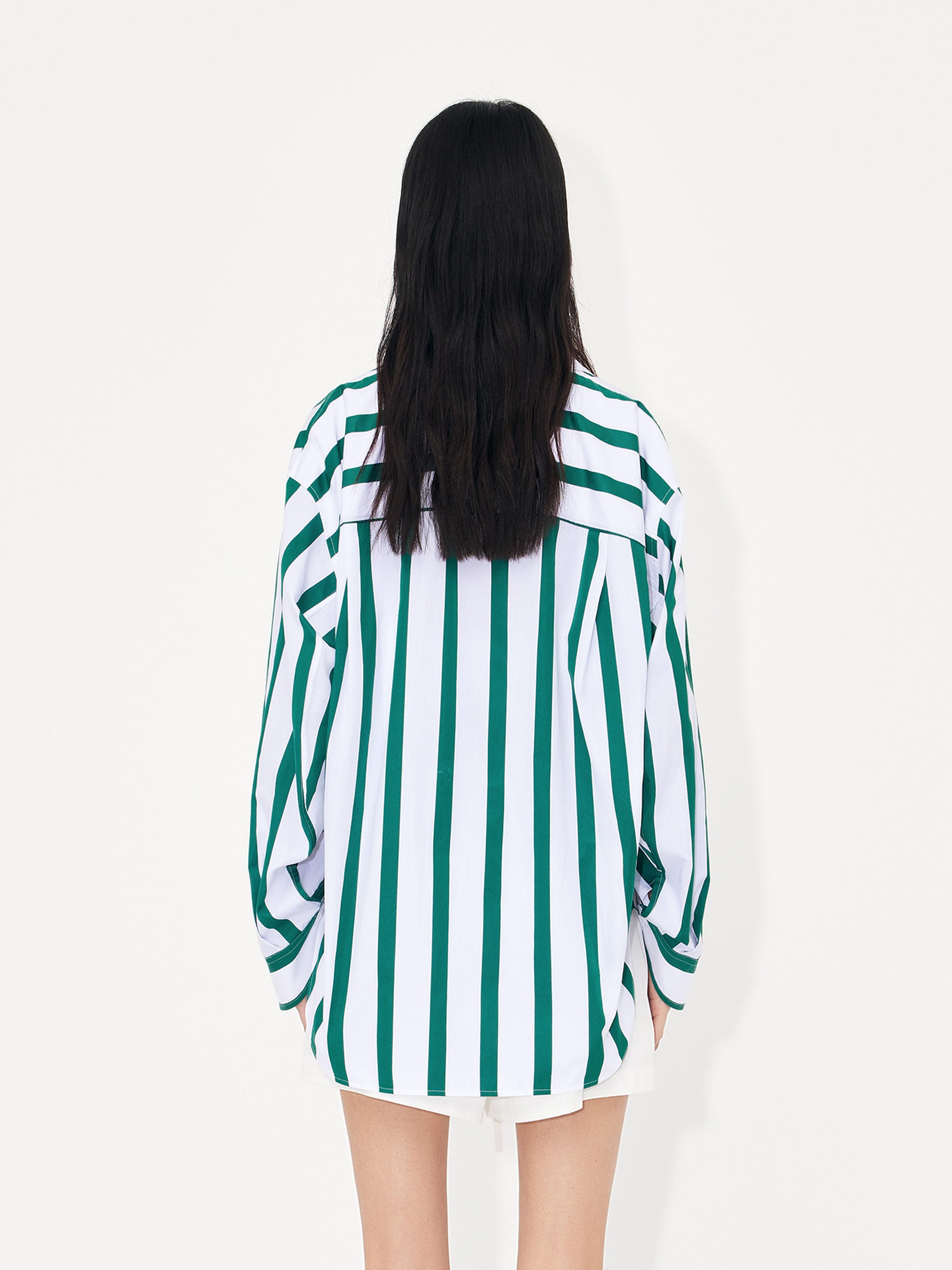 Women's Relaxed Green and White Striped Cotton Shirt