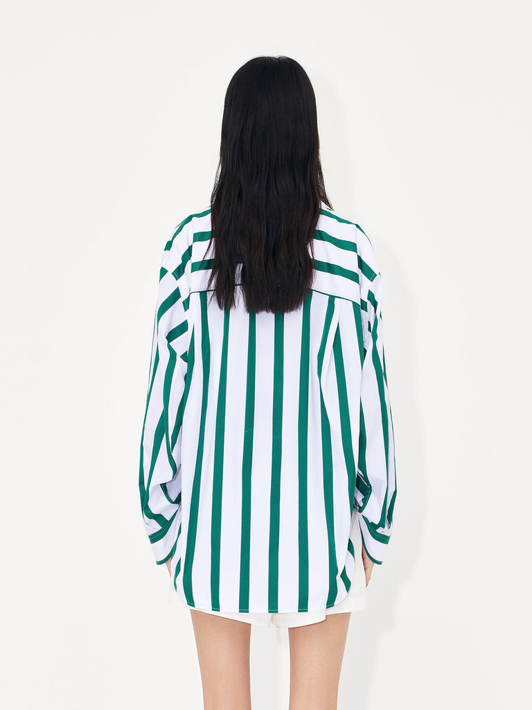 Women's Relaxed Green and White Striped Cotton Shirt