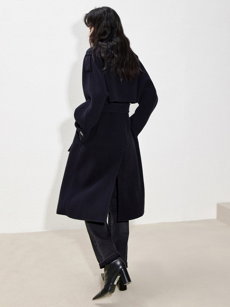 Wool Double Breasted Black Coat with Belt