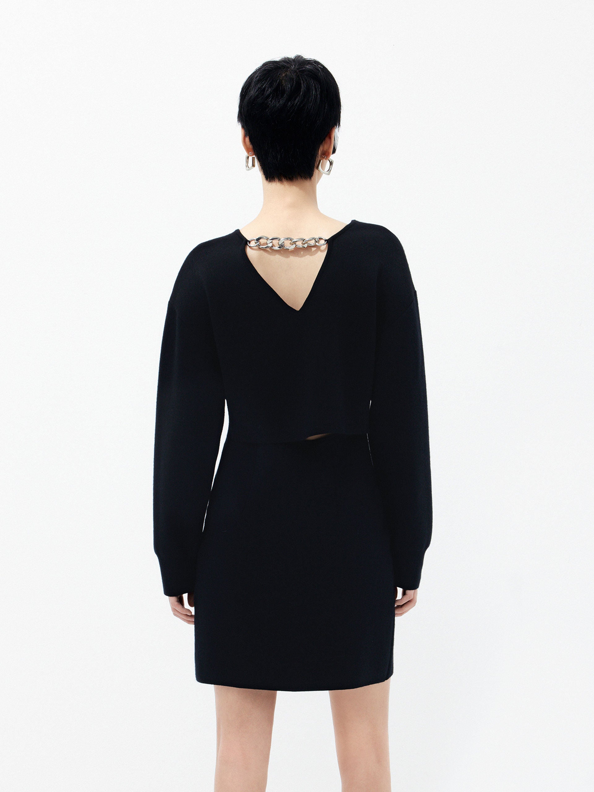 Wool Blend V Neck Black Midi Dress