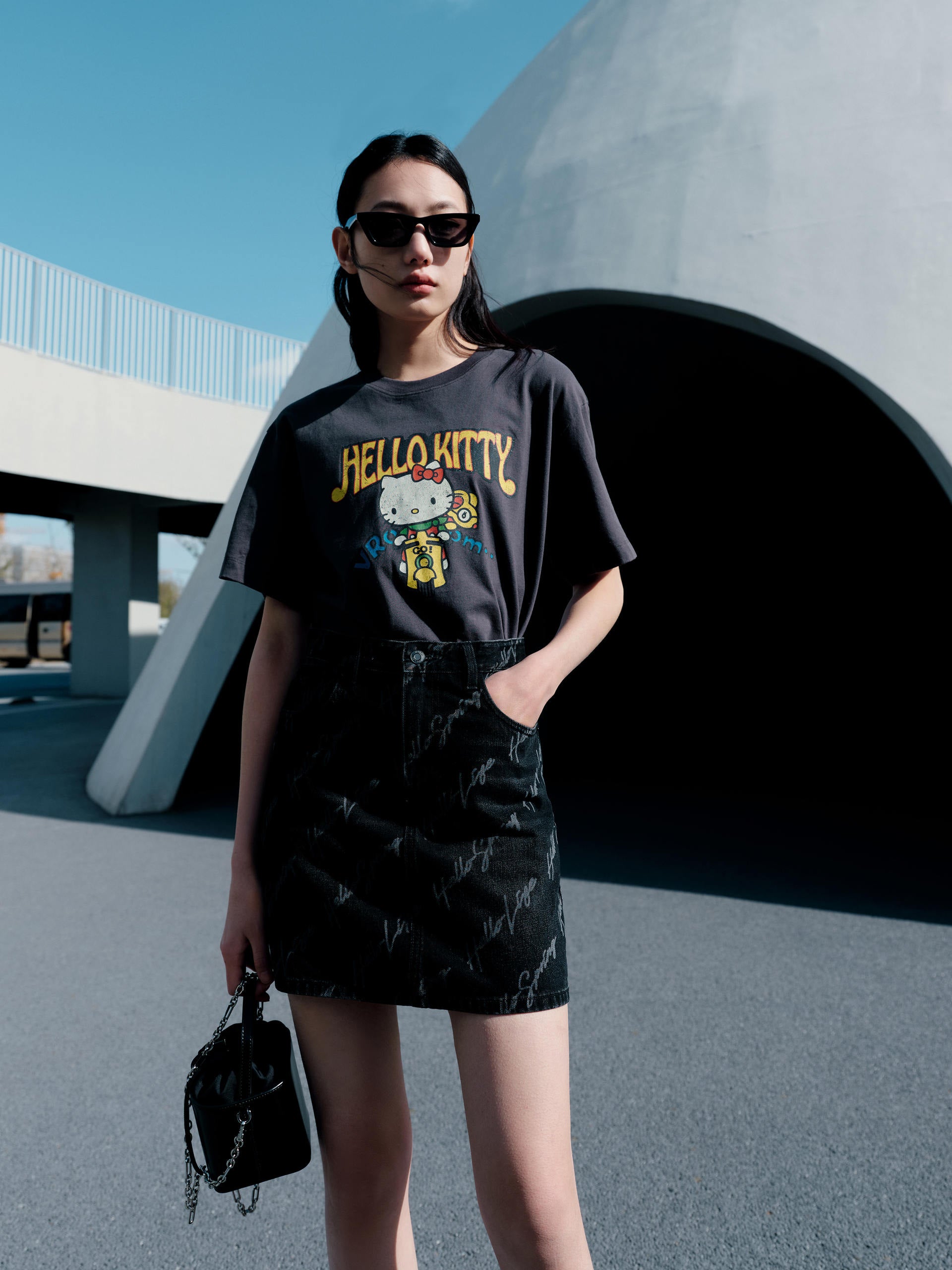 Deconstruct Cut-out Waistband Letter Print Black Mini Denim Skirt