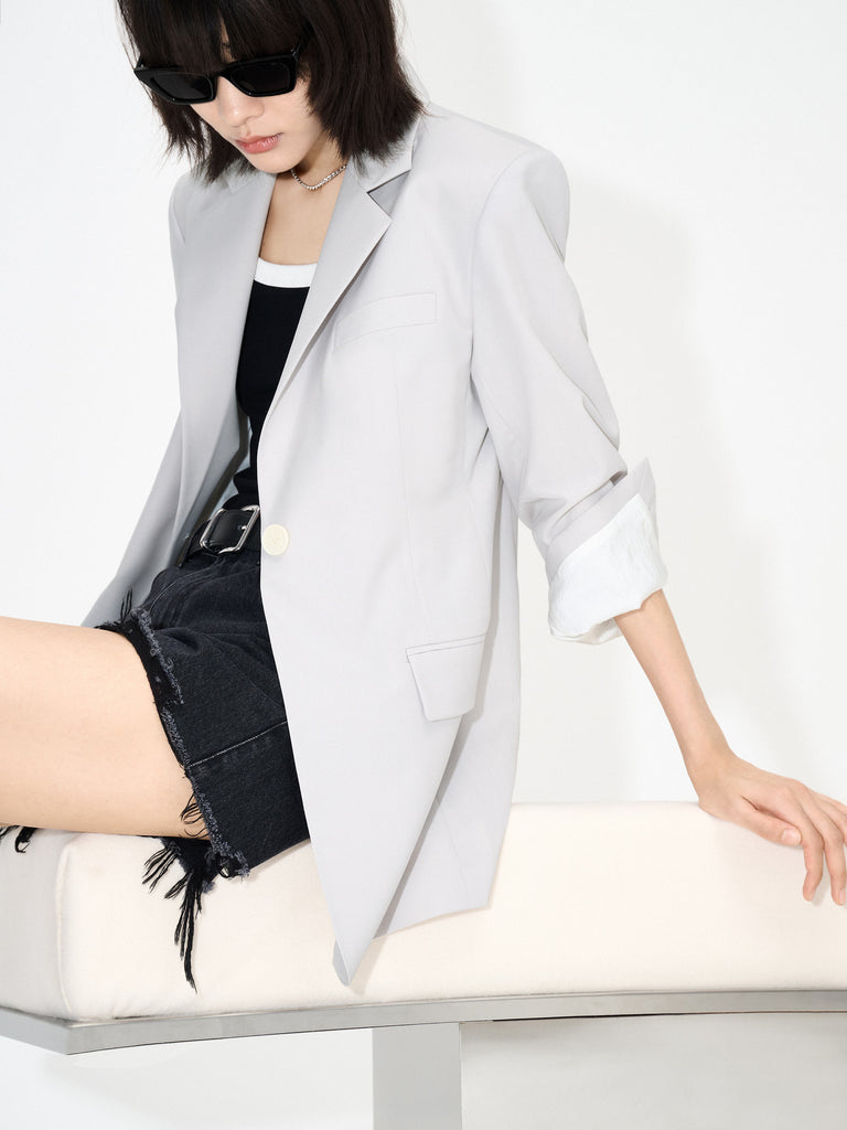 MO&Co. Women's Tailored Blazer with Pleated Sleeves Details in Grey