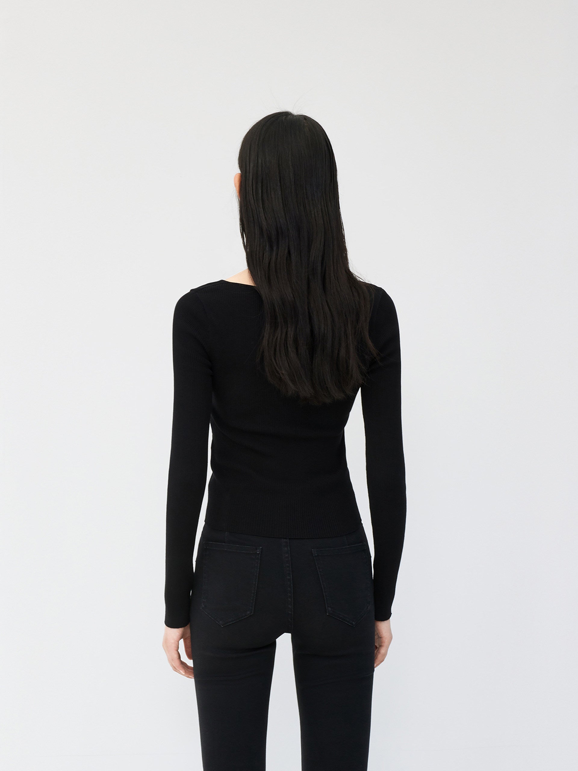 Long Sleeves Cotton Blend Ribbed Knit Top with Open Front Details in Black