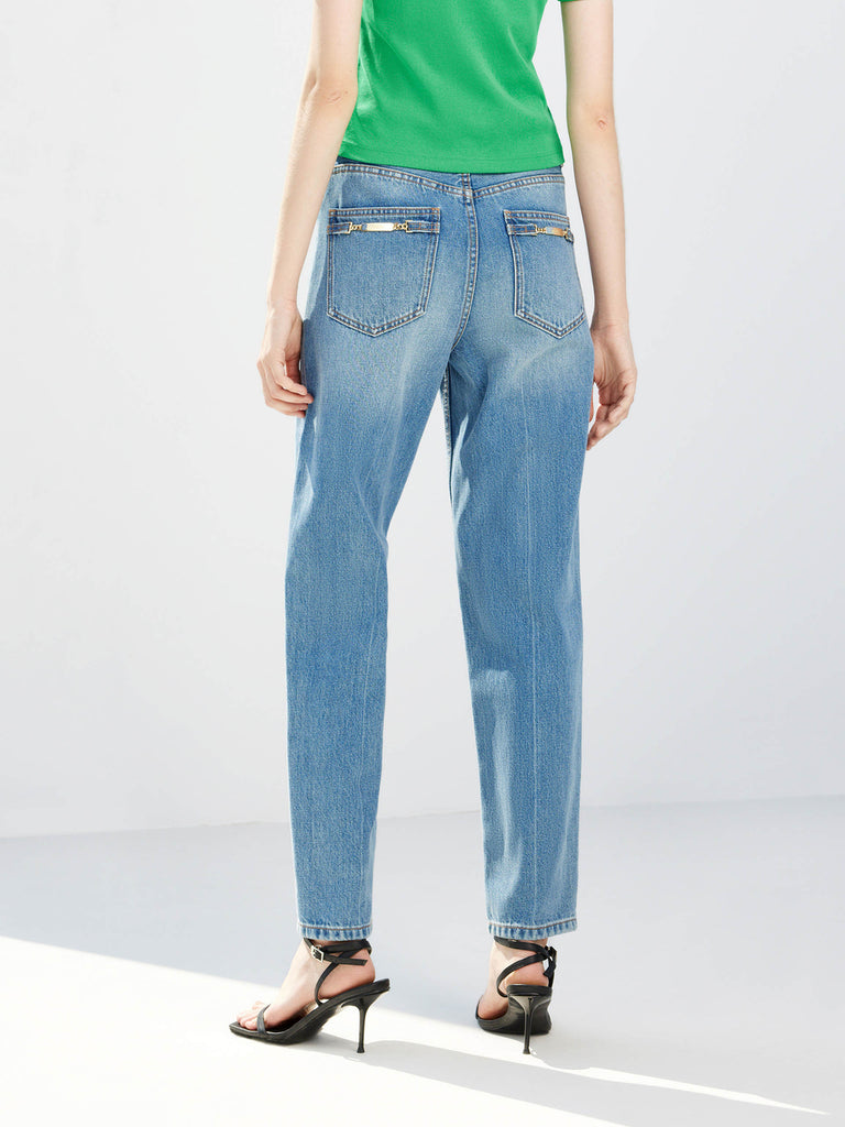 Straight Cotton Tapered High Waist Blue Jeans