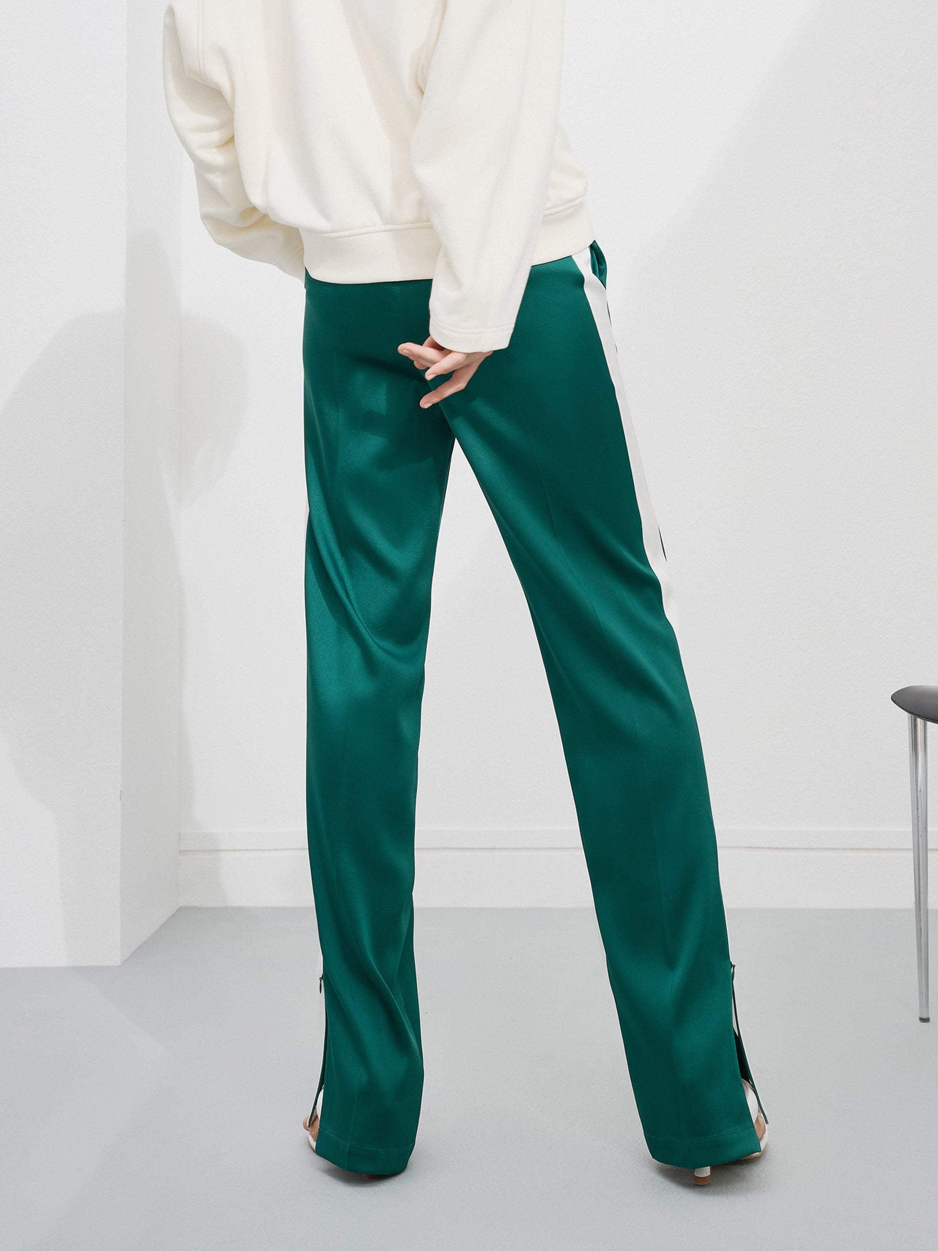 Contrast Elastic Casual Athleisure Green Trousers