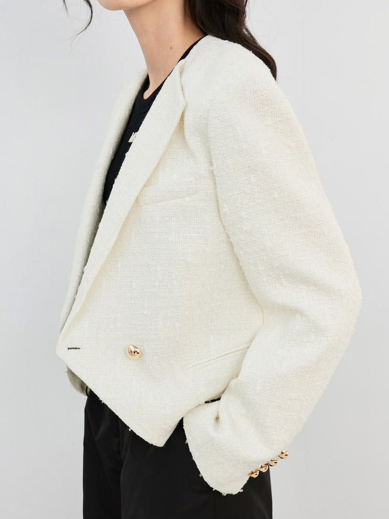Textured Cropped Tweed Jacket in Beige