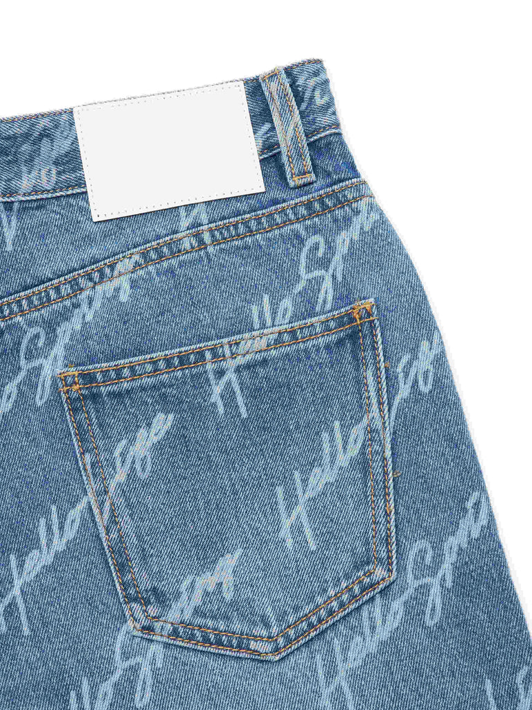 Letter Print Straight Blue Jeans