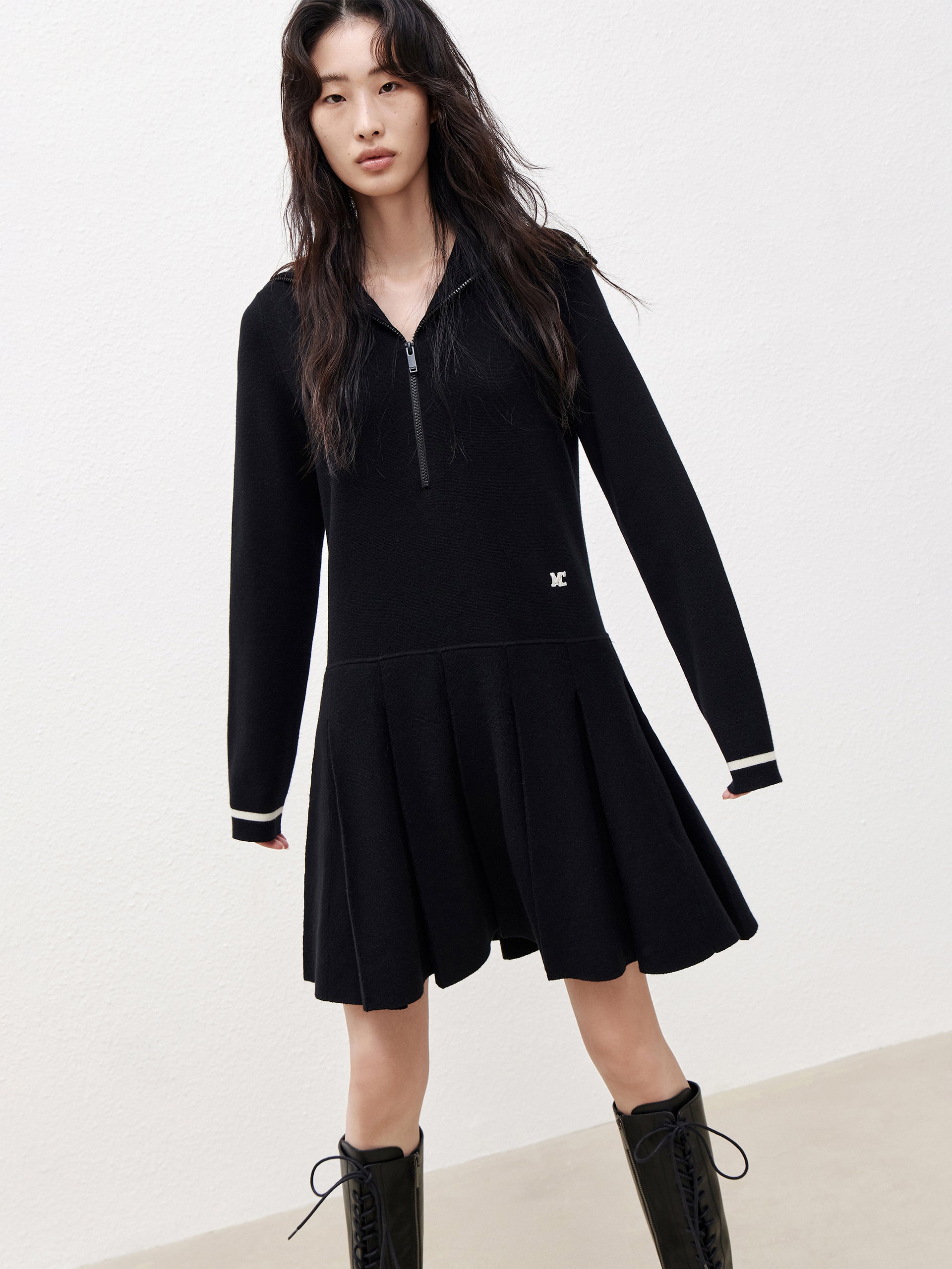 Black Wool Blend Navy Collar Sweater Dress