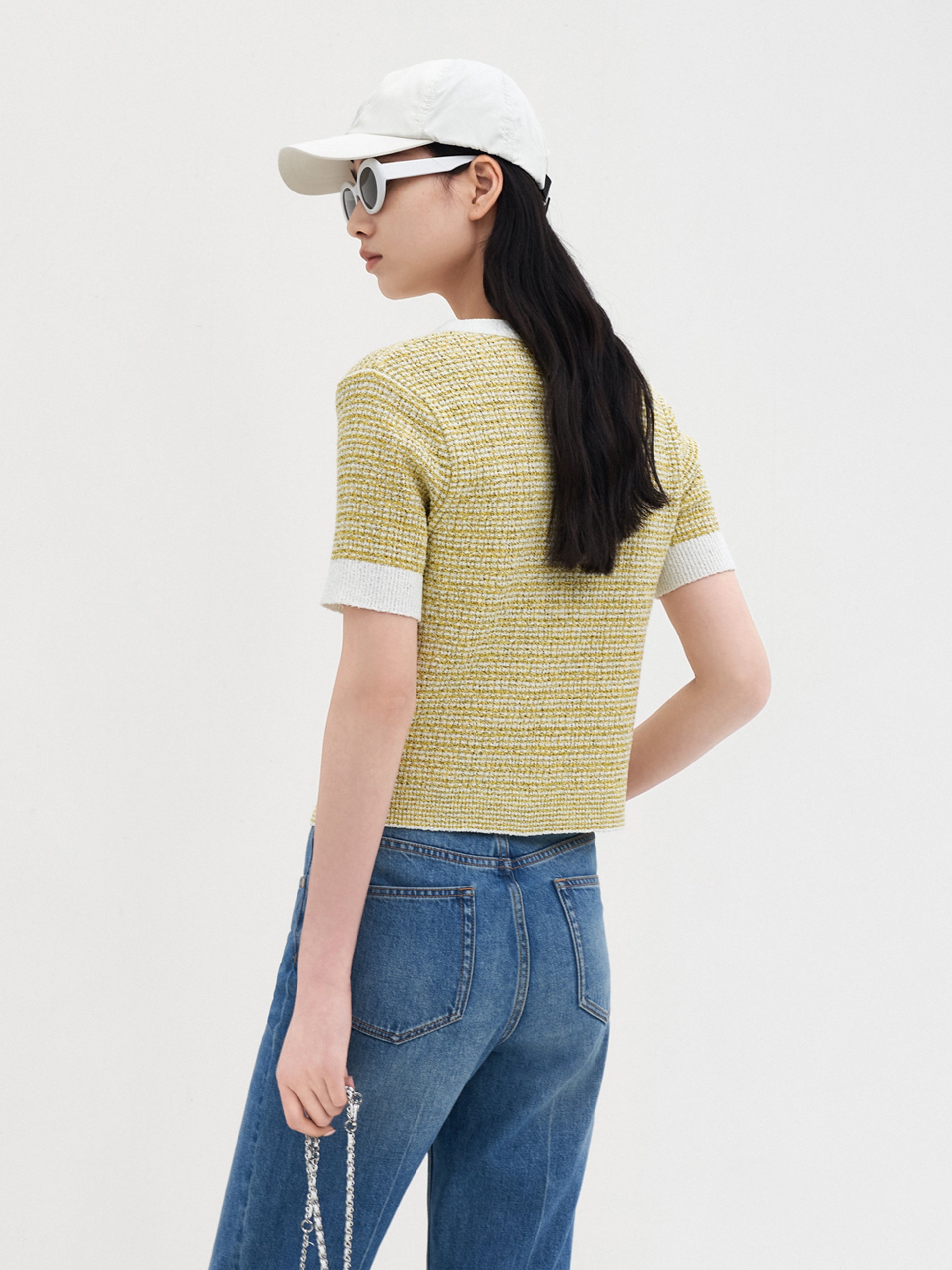 MO&Co. Women's Contrast Short Sleeves Knitted Cardigan for Spring Summer Casual in Textured Yellow and White