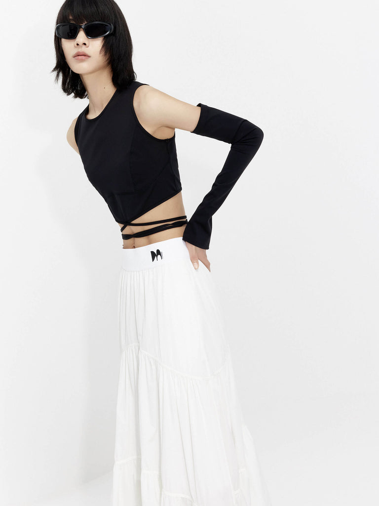 MO&Co. Women's Deconstructed Strap Detail Cropped Top in Black with arm sleeve cuffs