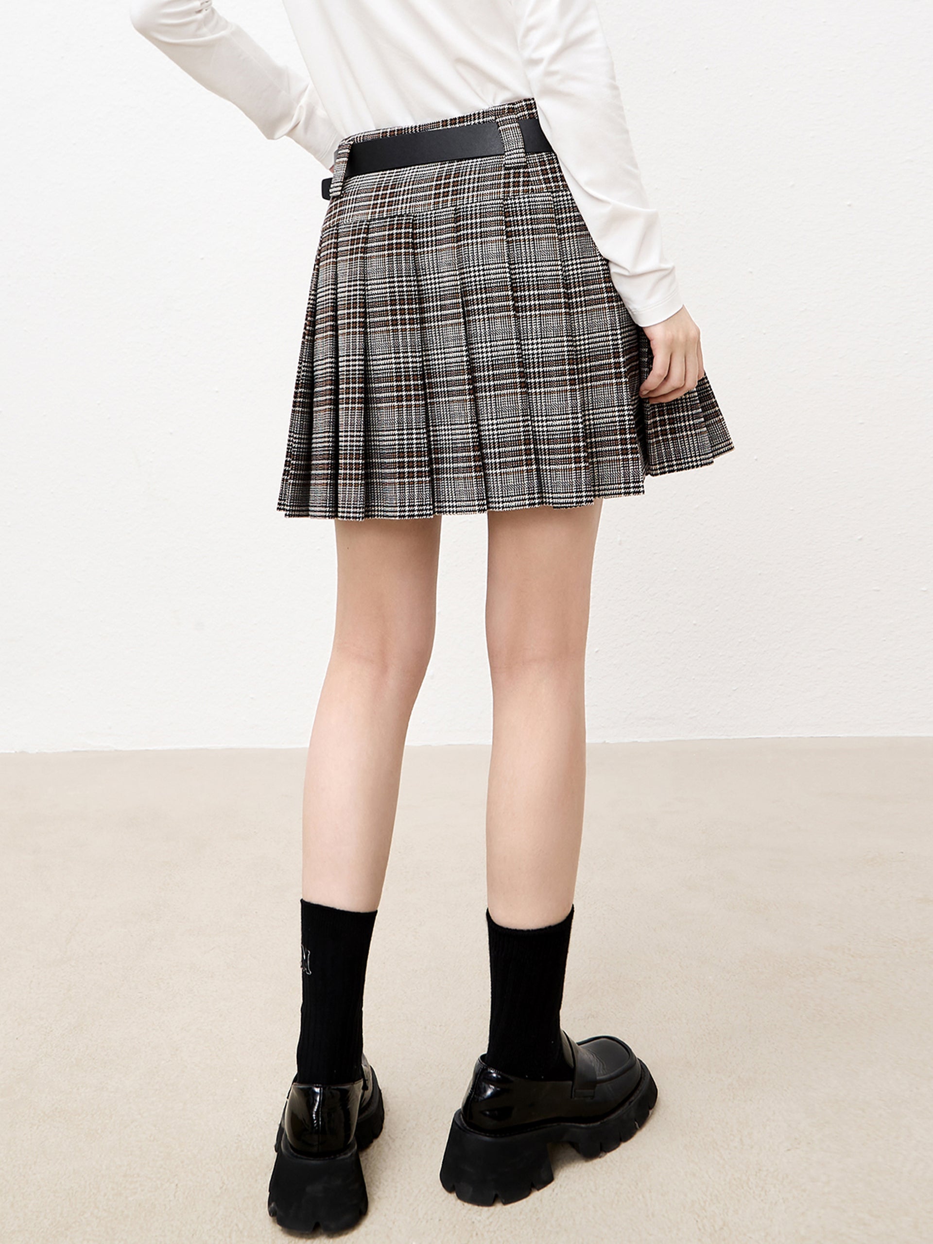 Wool Blend Pleated Mini Skirt with Belt