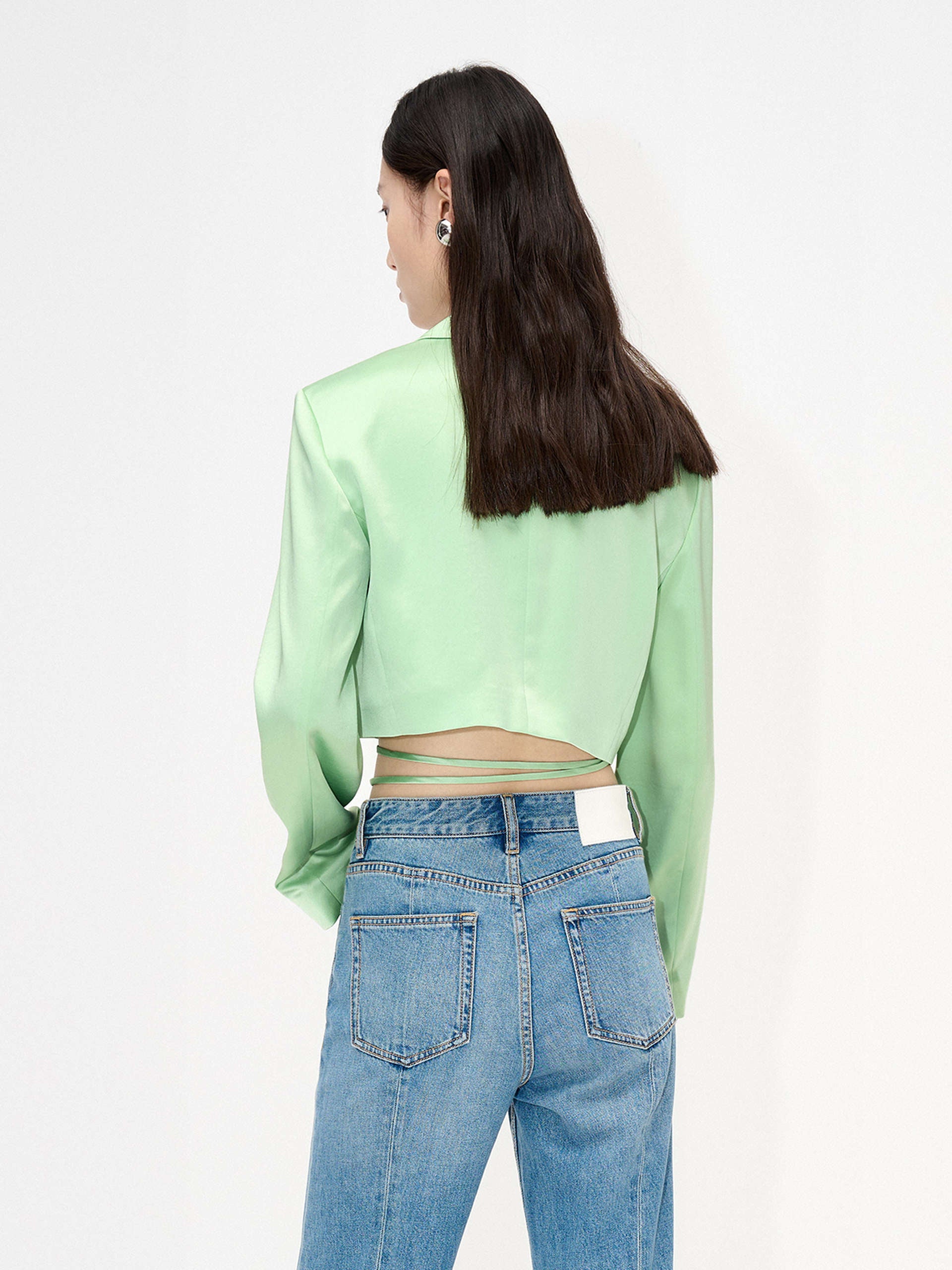 MO&Co. Women's Strap Details Satin Cropped Blazer in Mint