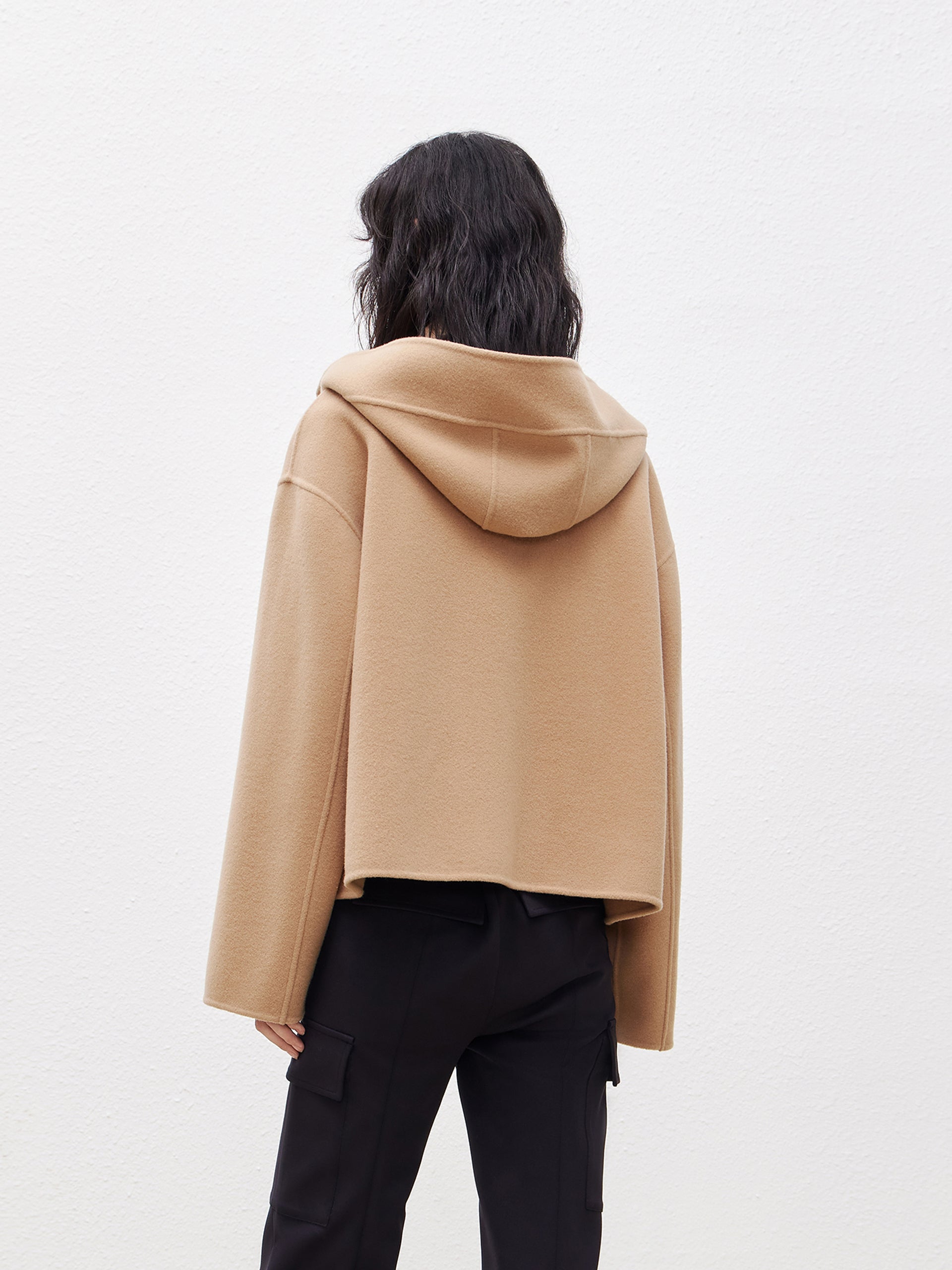 Camel Hooded Cropped Wool Coat