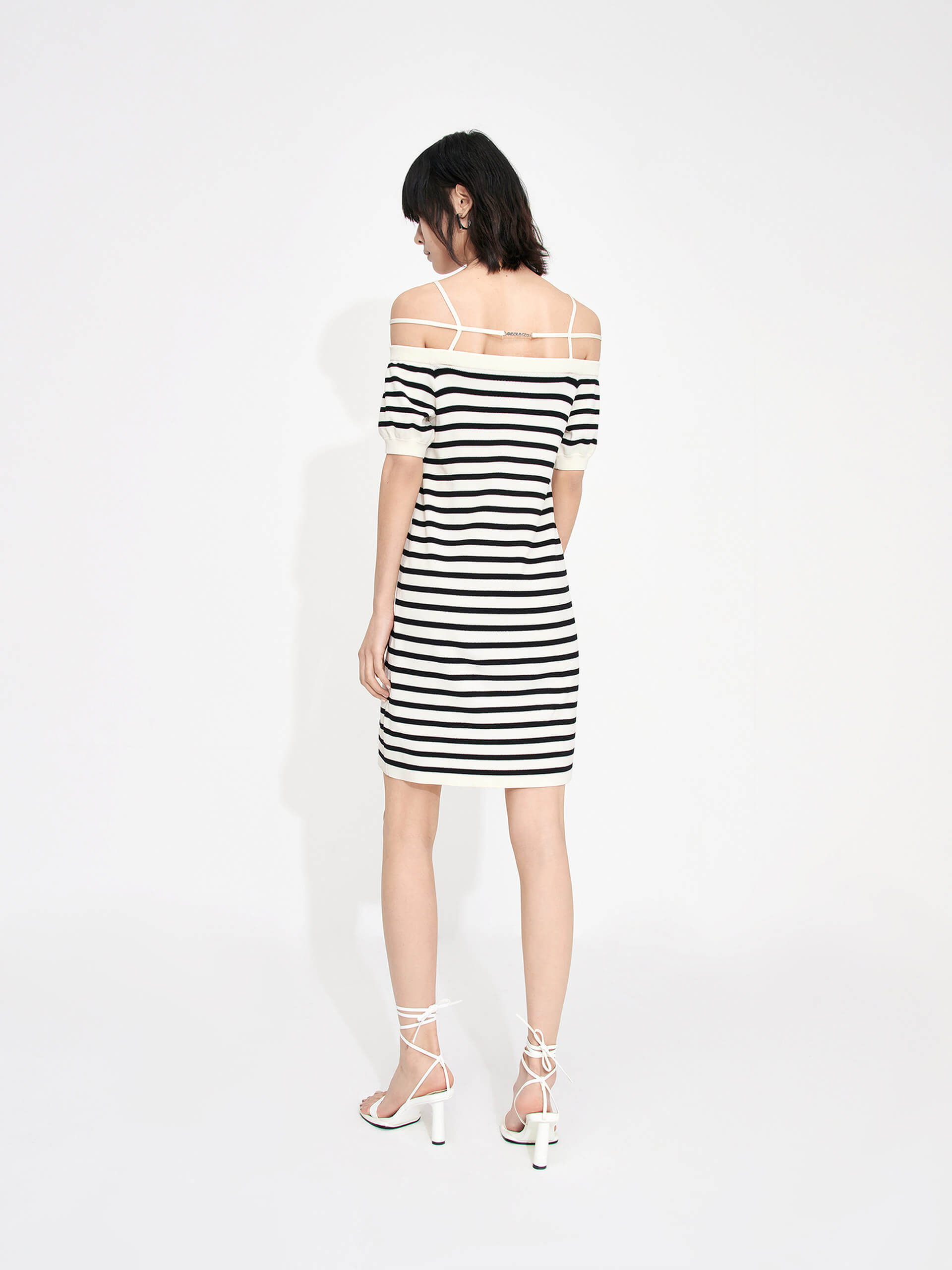 MO&Co. Women's Black and White Striped Strap Details Slim Fit Off Shoulder Mini Dress