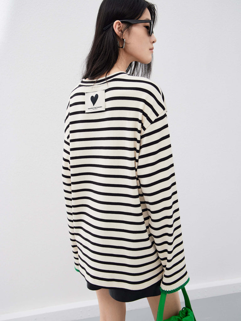 Long sleeves Relaxed fit Causal Striped Cotton T-shirt