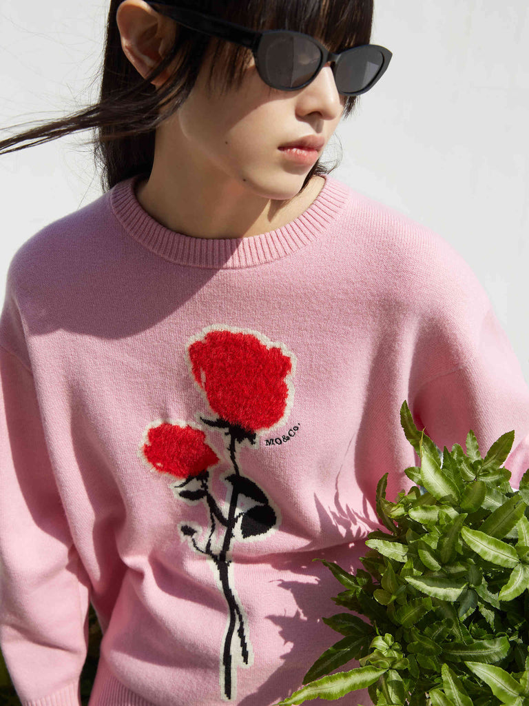Pink Rose Embroidered and Jacquard Wool Sweater Pullover