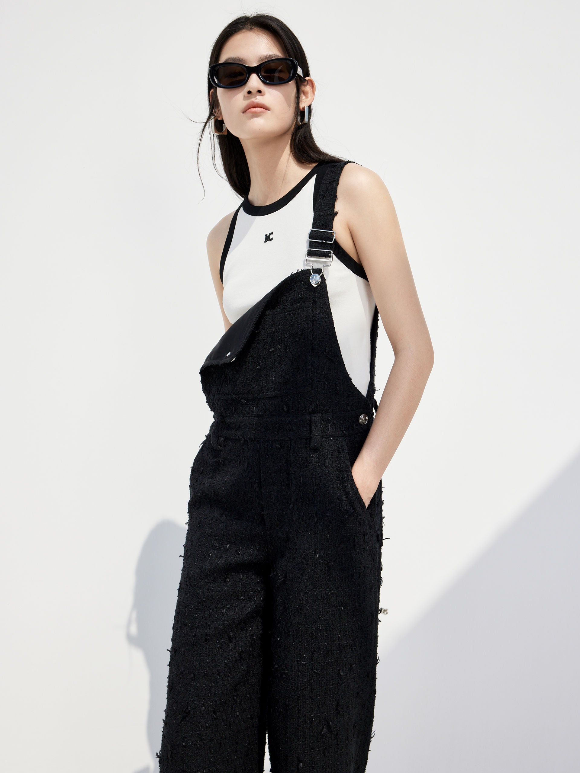 Textured Overalls Tweed Jumpsuit in Black