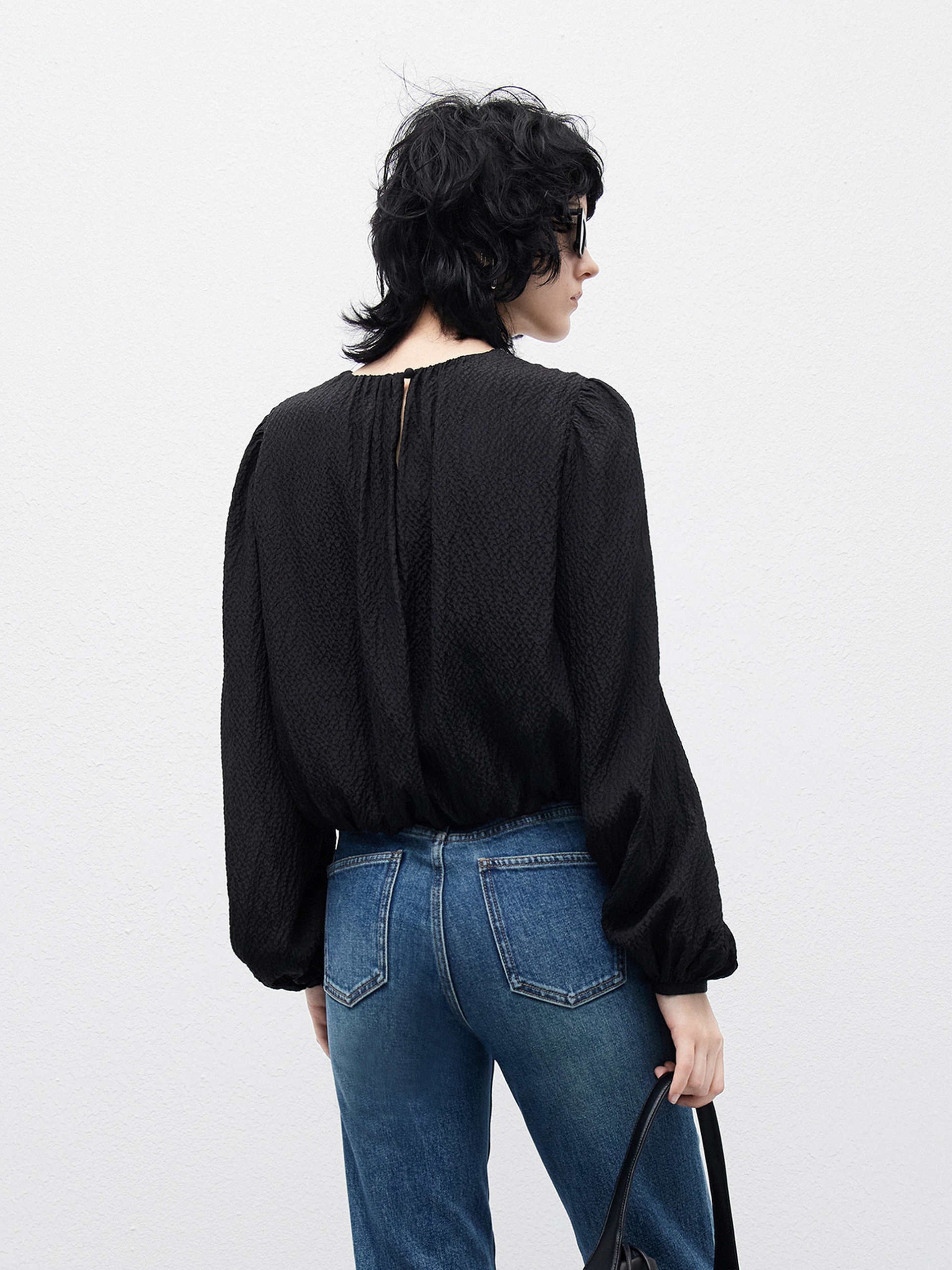 Silk-blend Texture Crop Black Volume Sleeves Top