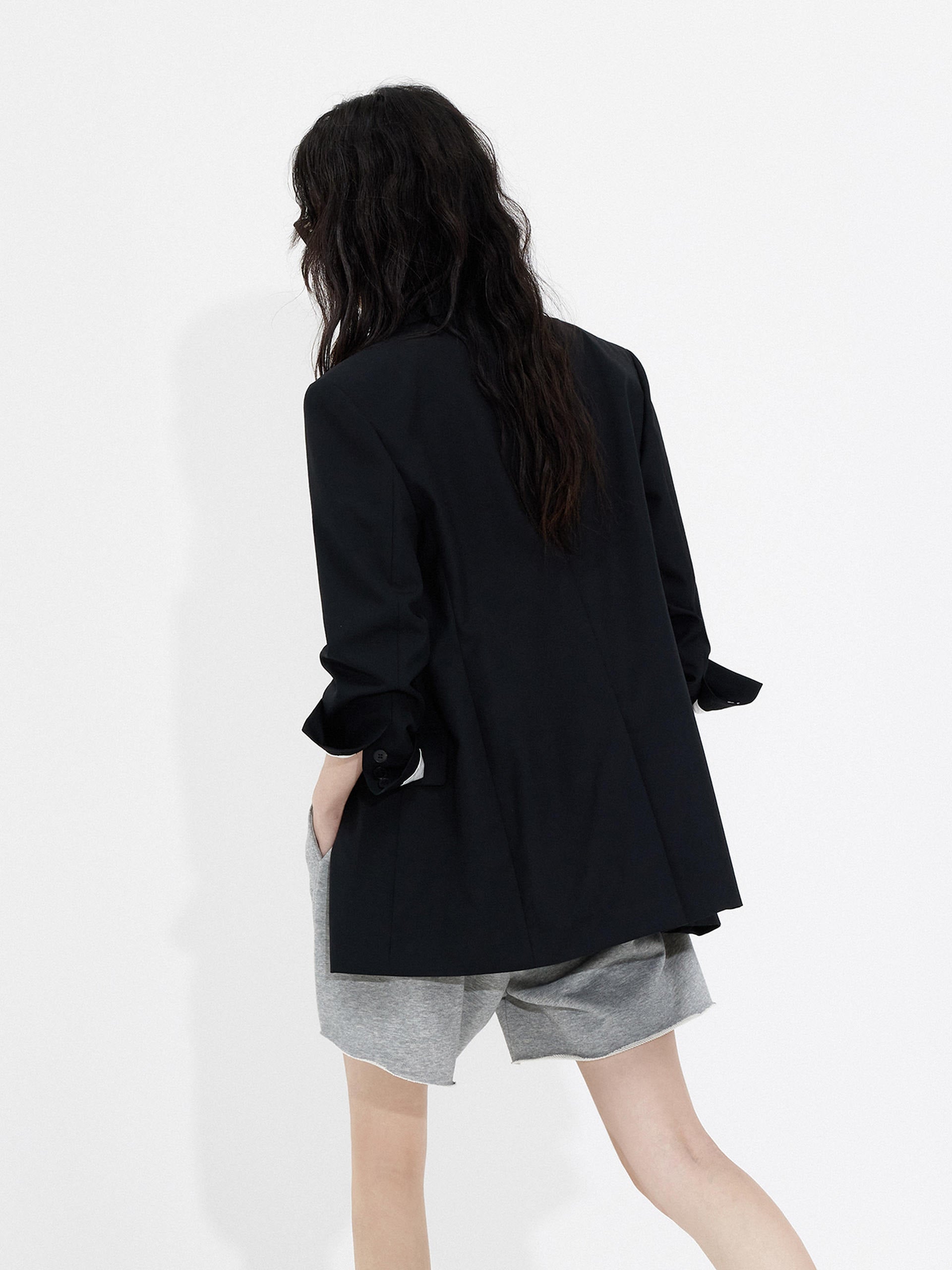 MO&Co. Women's Tailored Blazer with Pleated Sleeves Details in Black