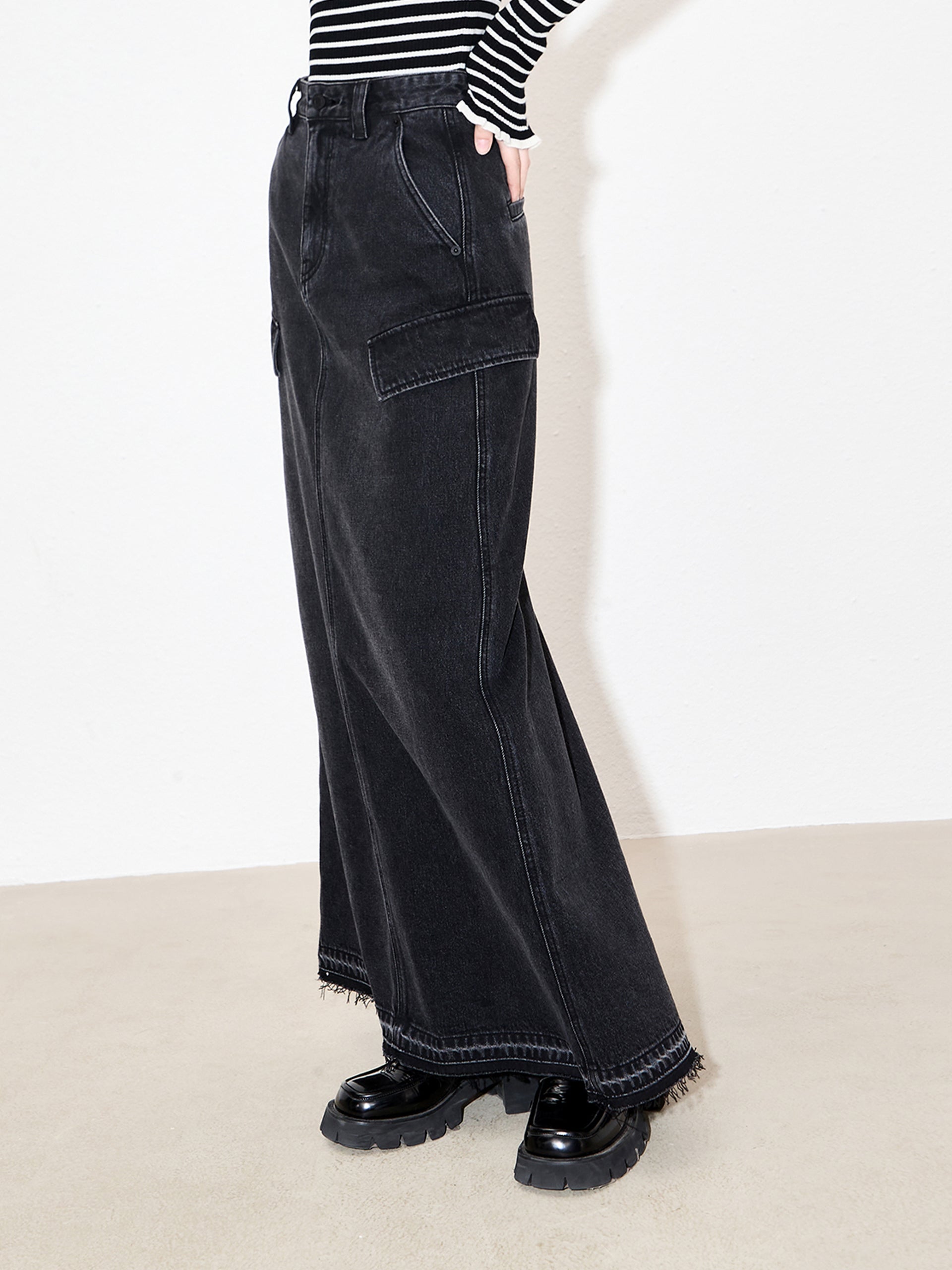 Denim Frayed Maxi Skirt with Back Slit