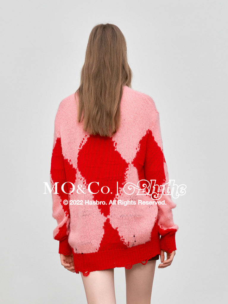 MO&Co.｜Blythe Collaboration Wool Letter Pattern Sweater Loose Chic Round Neck  Red Sweater