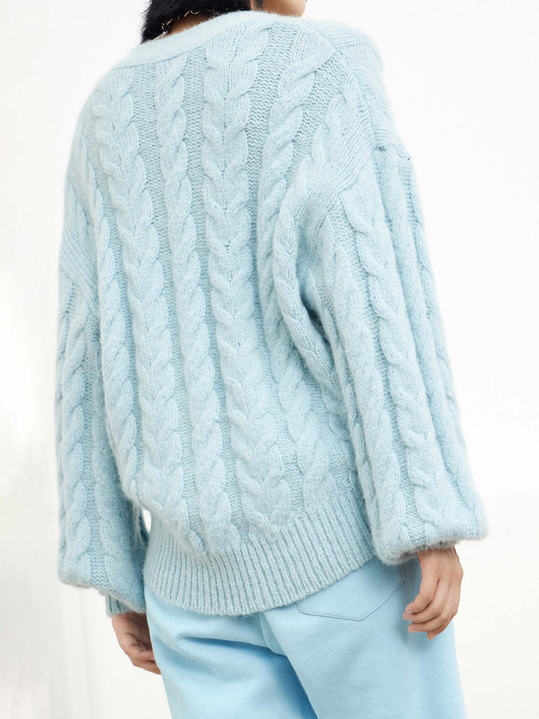 MO&Co. Women's Vintage Cable Knit Blue Cardigan