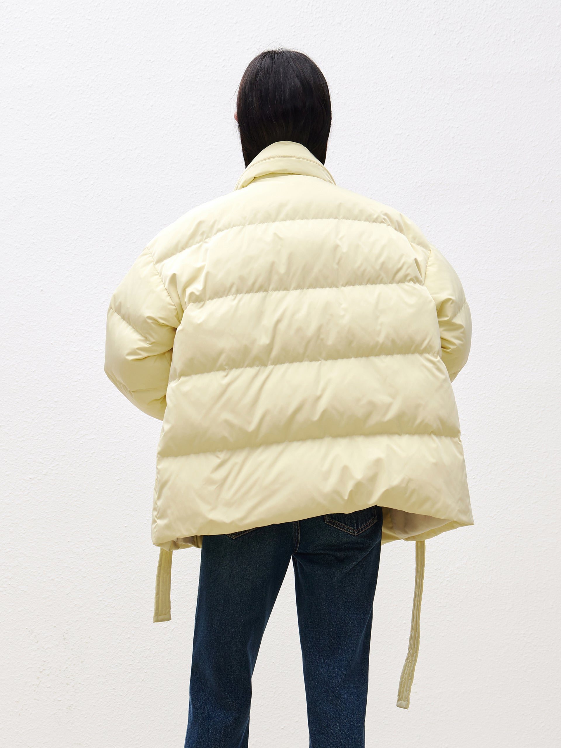 Yellow Lapel Collar Puffer Down Jacket with Belt