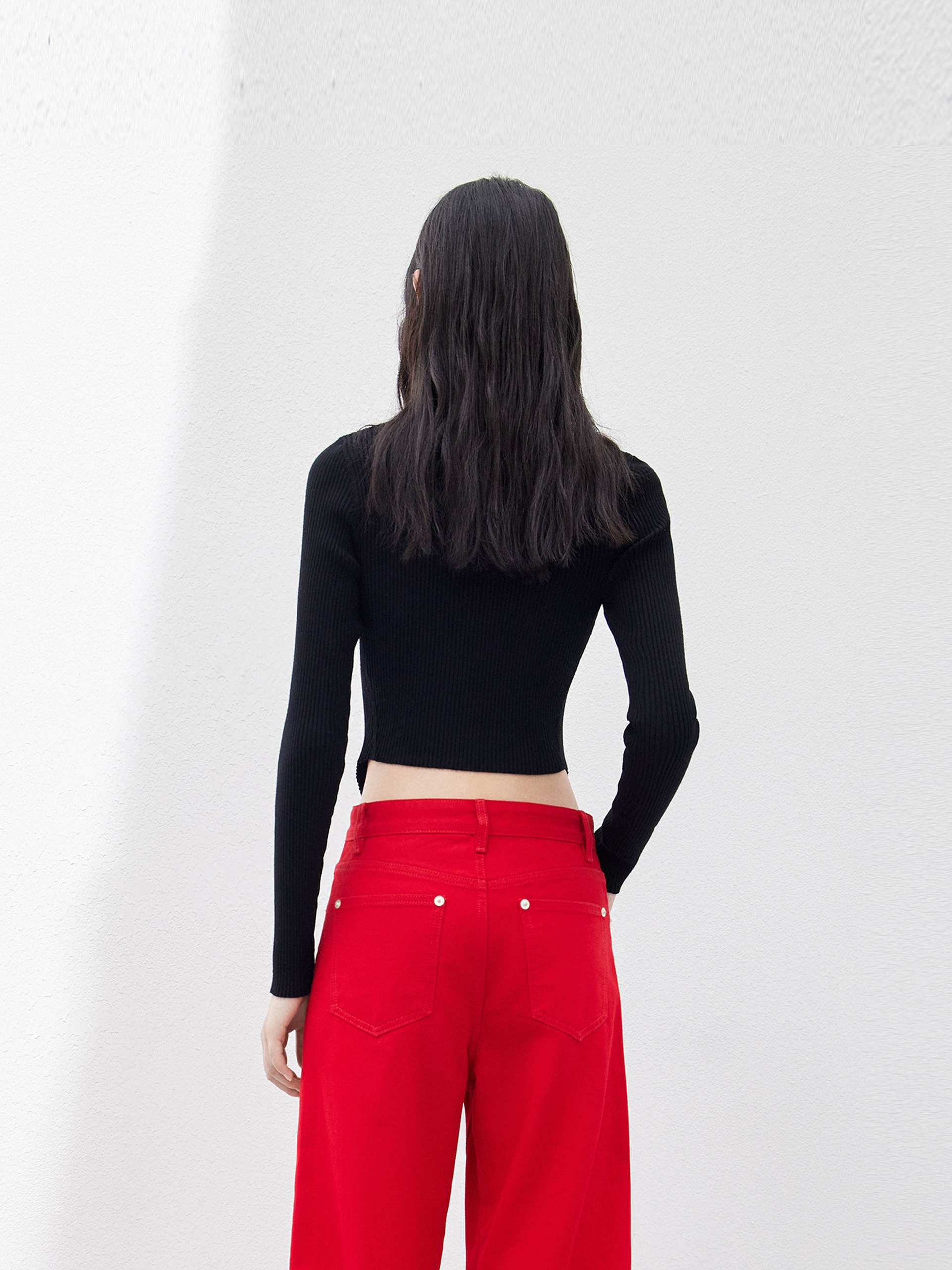 Black Cropped Ribbed Slim Fit Knit Top