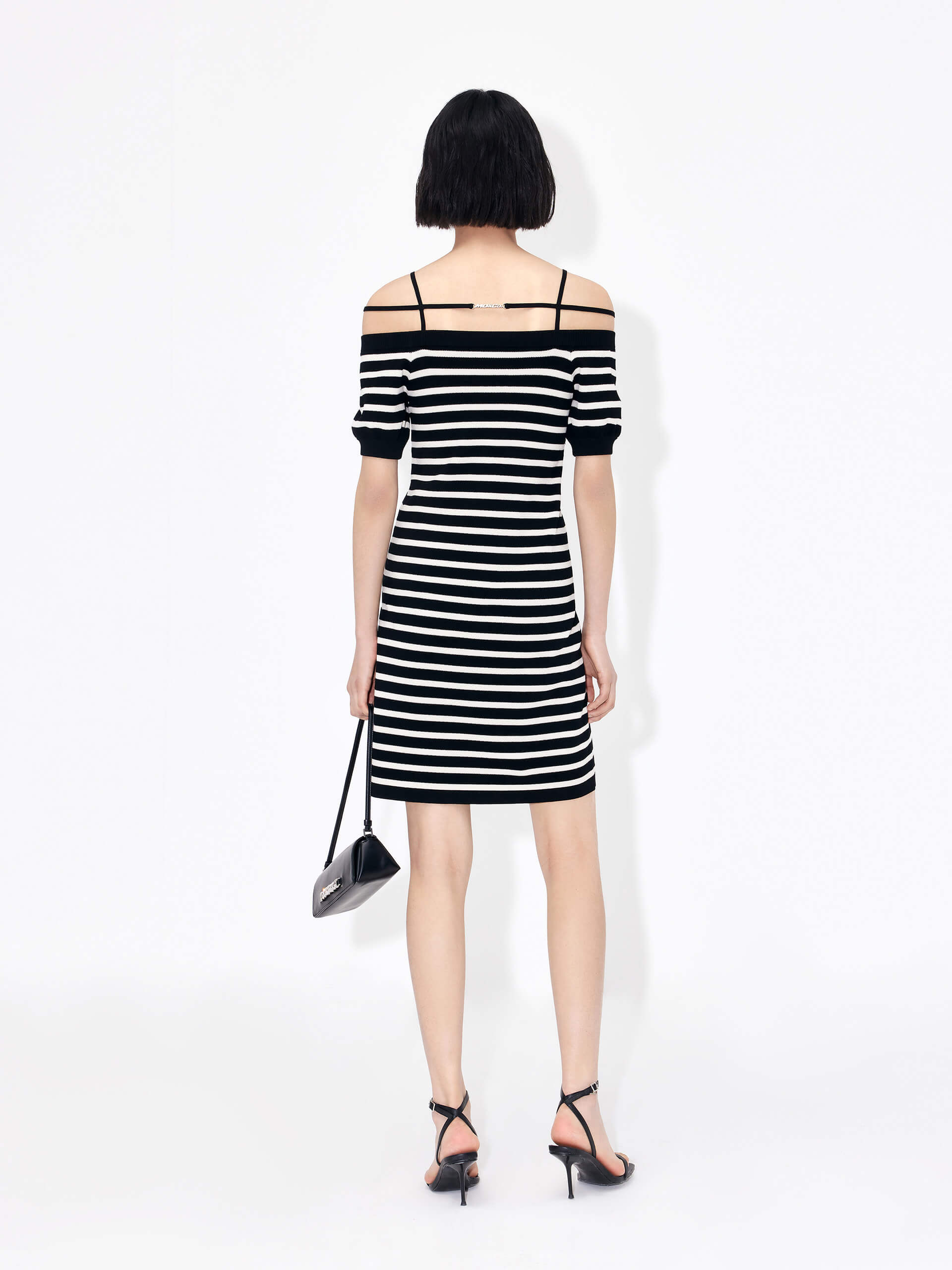 MO&Co. Women's Black and White Striped Strap Details Slim Fit Off Shoulder Mini Dress