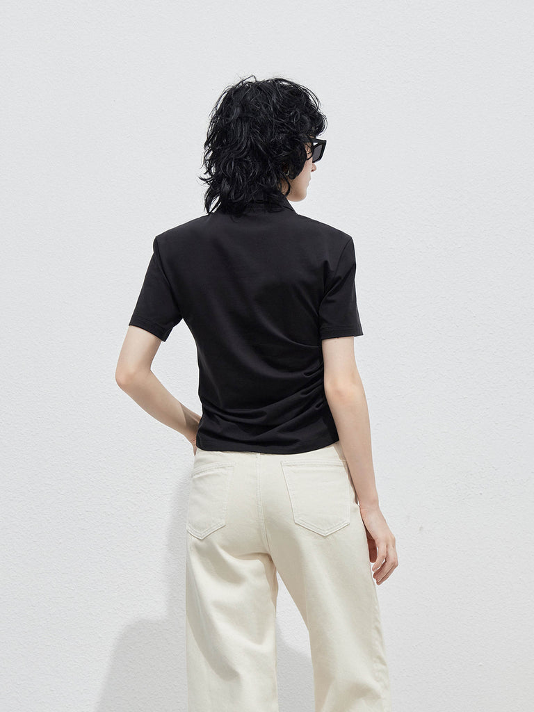 Women's Pleated Oriental Slanted Placket Short Sleeves Top in Black