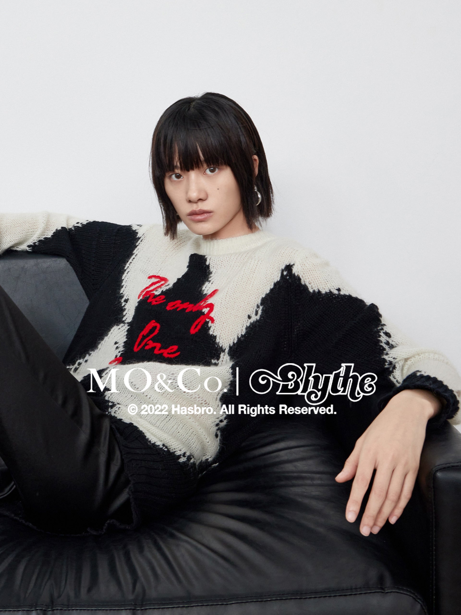 MO&Co.｜Blythe Collaboration Wool Letter Pattern Sweater Loose Chic Round Neck  Red Sweater