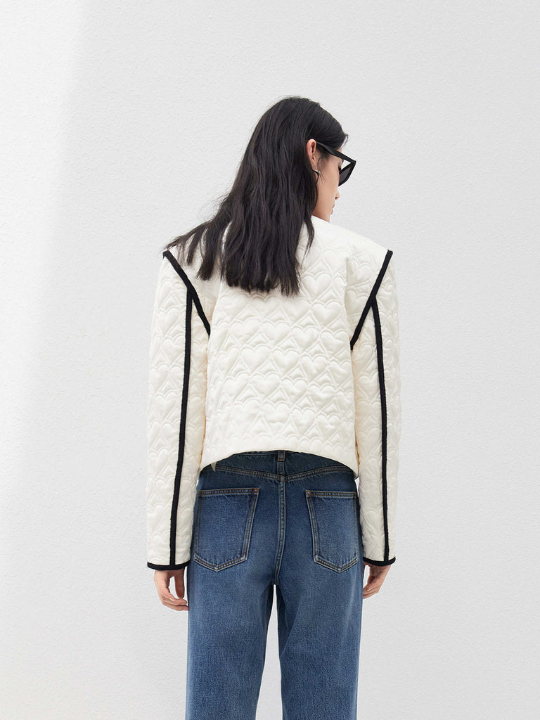 Heart Quilted Contrast Trim Cropped Jacket in Beige