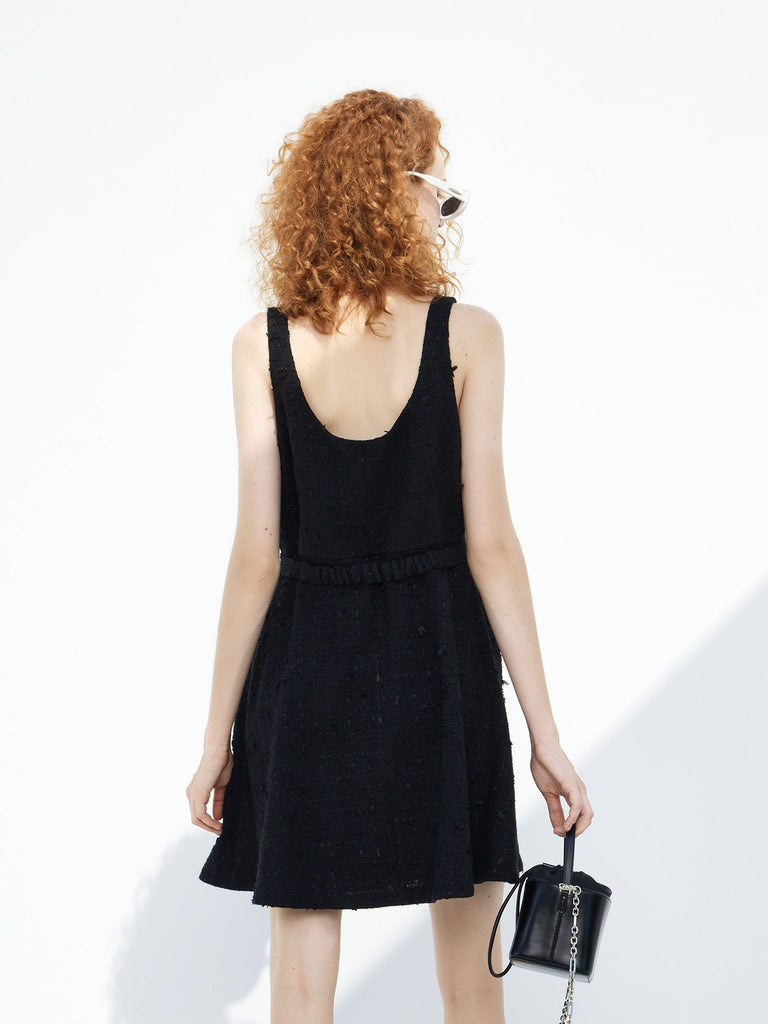 Sleeveless U-neck Tweed Textured Mini A-line Dress in Black