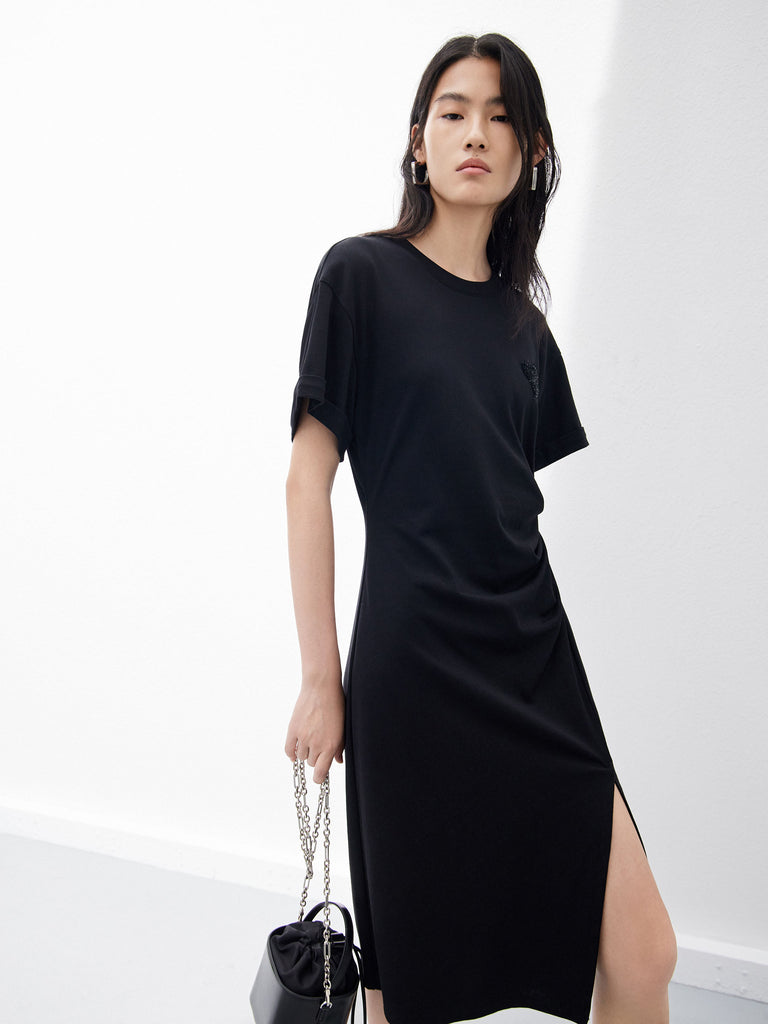 Pleated Sequin Details Casual Black Dress