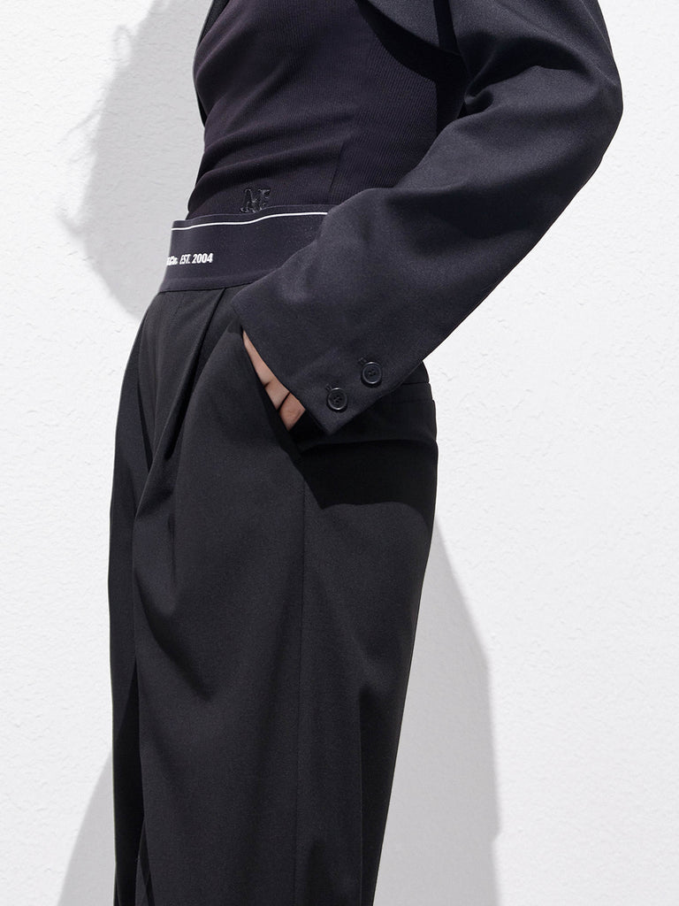 Elasticated Waist Wide-leg  Straight Trousers in Black