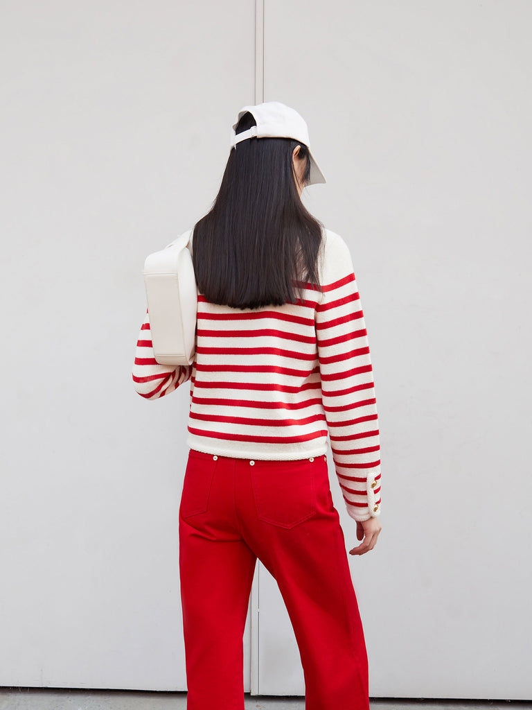 Crop Knitted Chic Striped Cardigan in Red and Beige