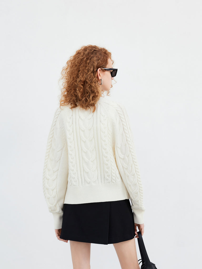 Wool Blend Chunky Cable Cropped Cardigan in White