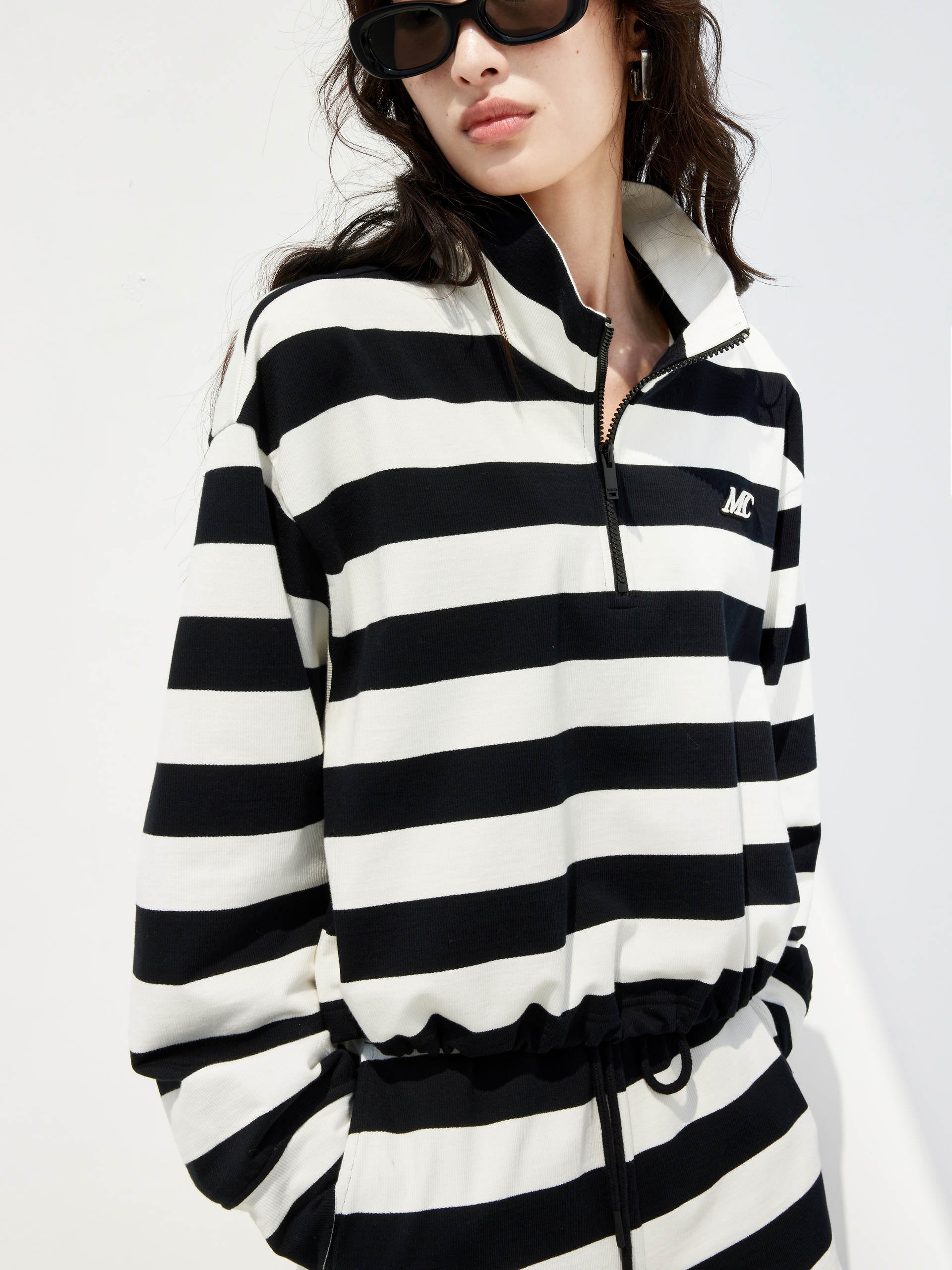 Black Striped Logo Cotton Athleisure Long Sleeves Top