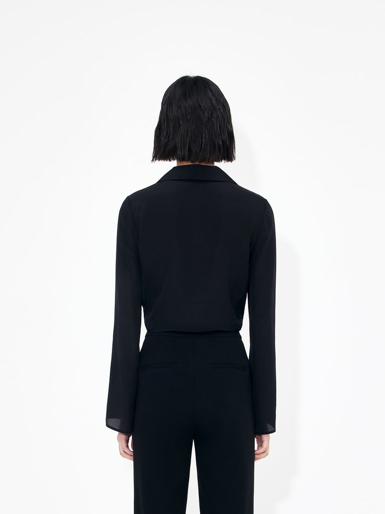 Women's Silk Cropped Wrap Detail V-neck Shirt in Black