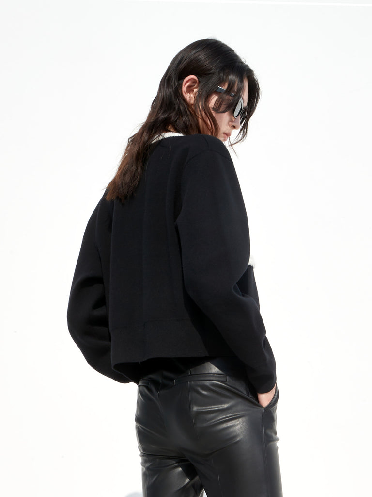 V-neck Contrast Wool Blend Cropped Knit Cardigan in Black