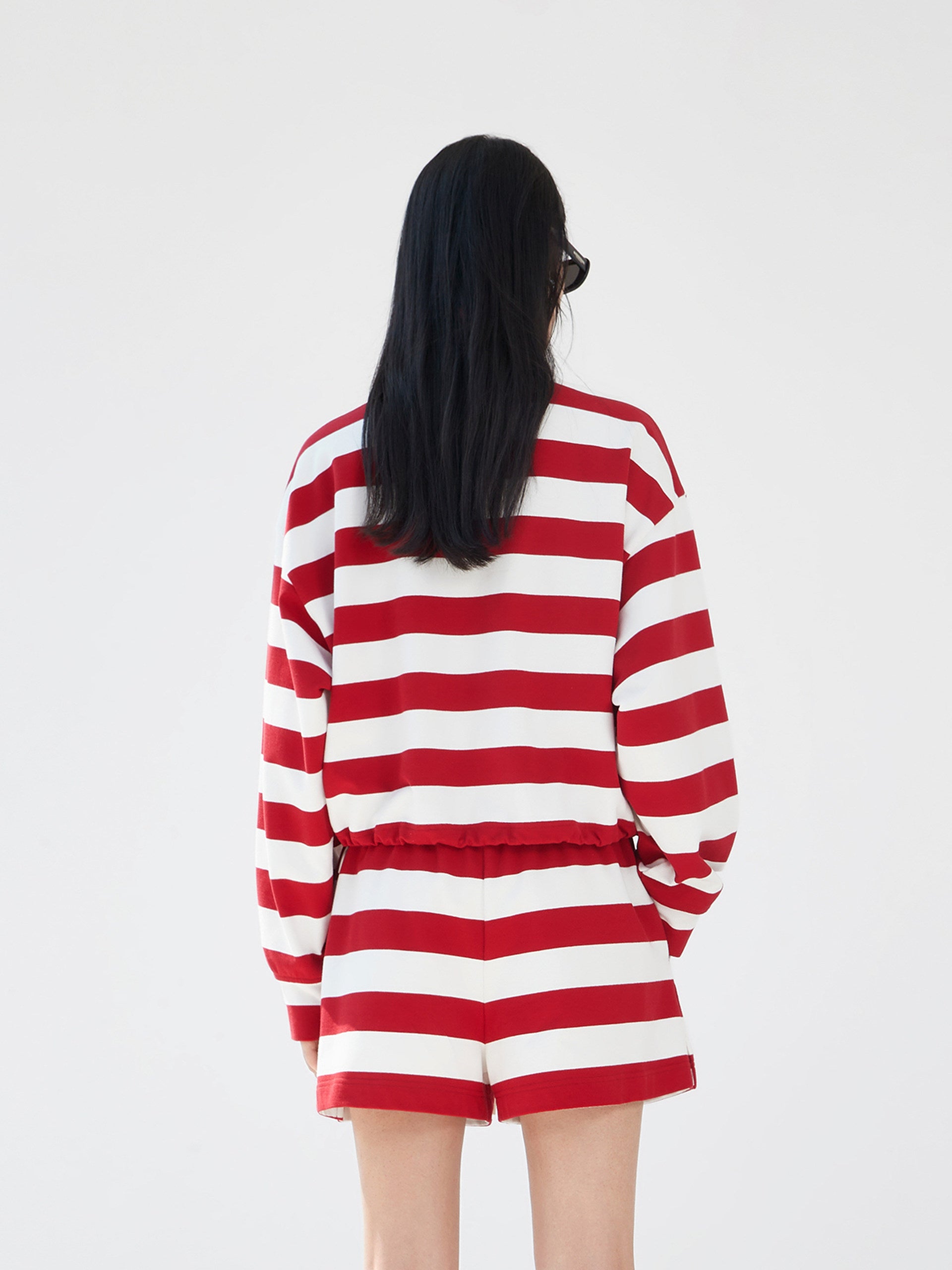 Red Striped Logo Cotton Athleisure Long Sleeves Top