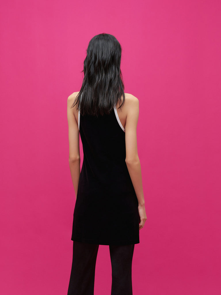 High Neck Sleeveless Mini Black Velvet Dress