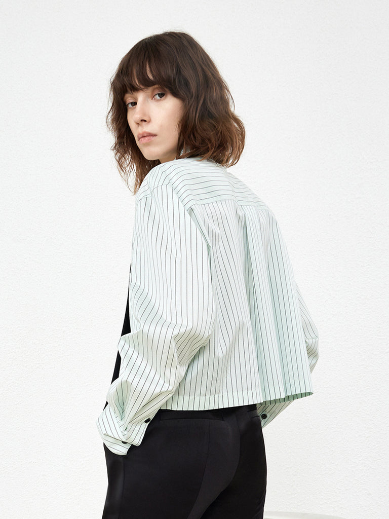 Women's Silk Blend Boxy Fit Striped Shirt in Mint