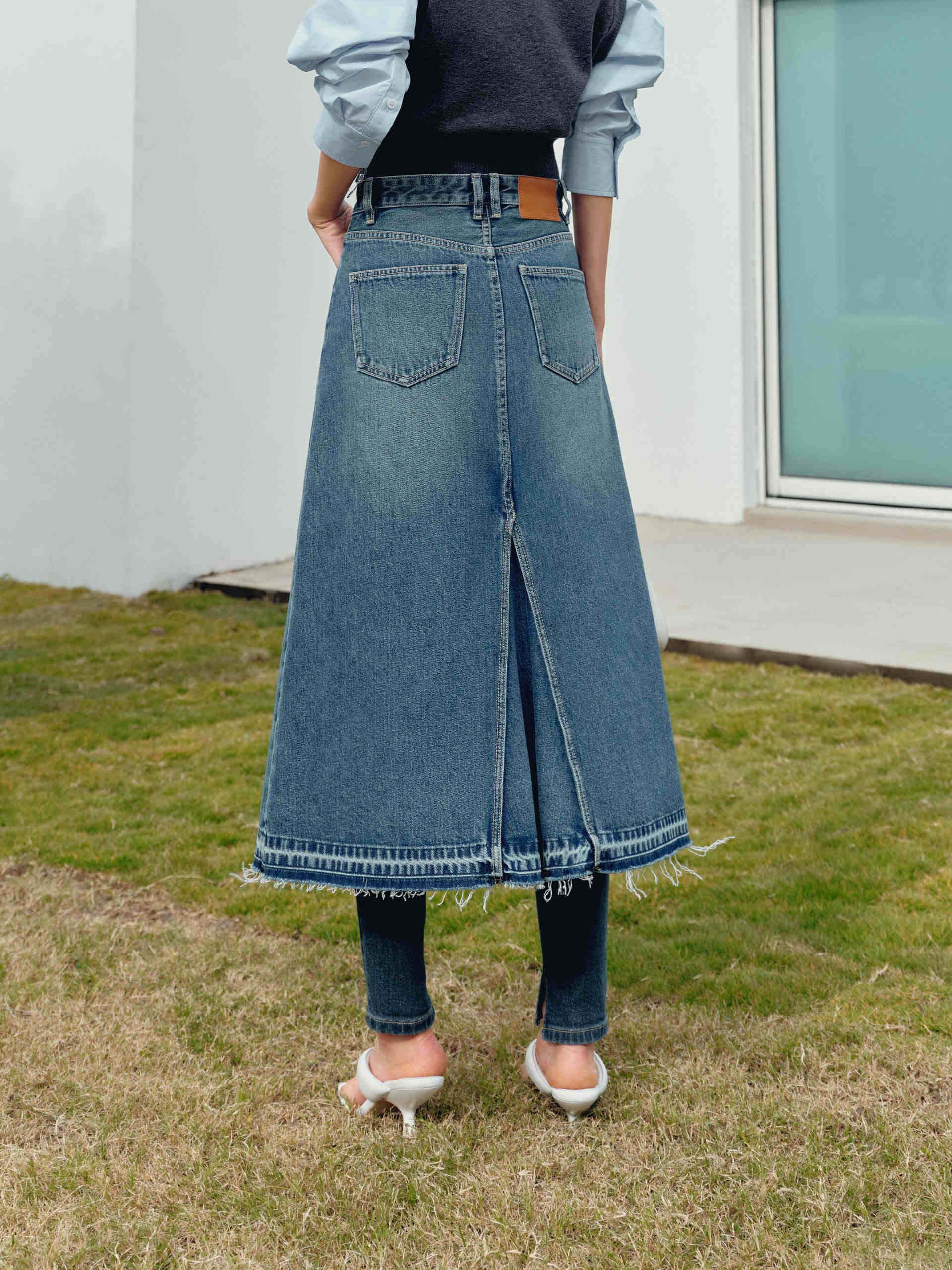 Slit Front Raw Hem Blue Denim Midi Skirt