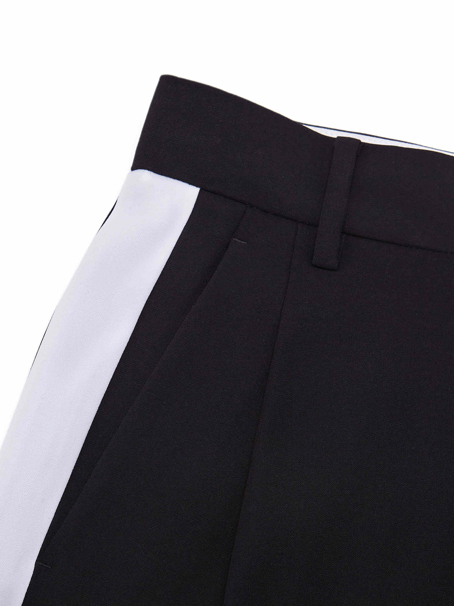 MO&Co. Women's Contrast Trim Straight Pants in Black: a fashionable look with white contrast trim design, wide and straight leg and side pockets, and belt loops and a zipper and hook closure.