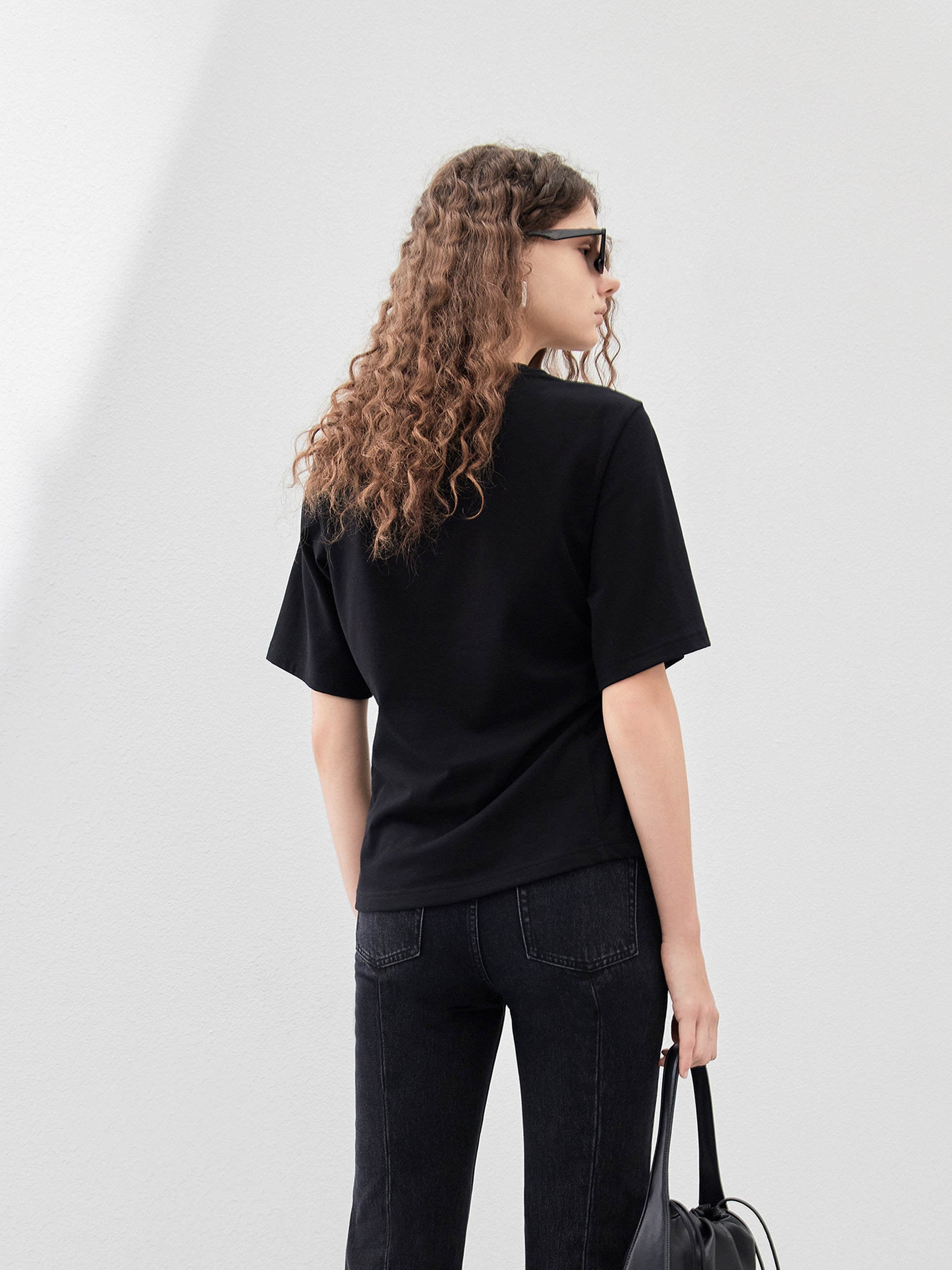 Women's Pleated Asymmetrical Hem Cotton T-shirt with Drawstring in Black