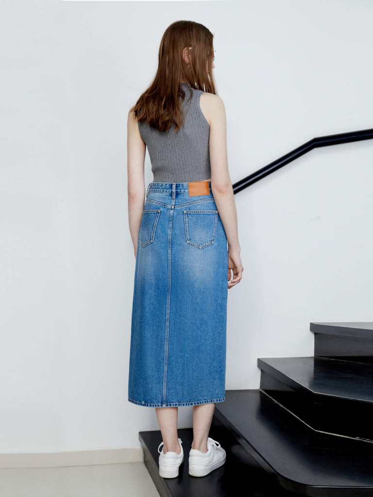 MO&Co. Women's Irregular Cutout Cotton A-line Midi Denim Skirt