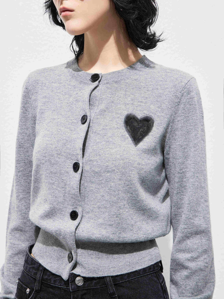 Heart Pattern Wool Cashmere Blend Knit Cardigan in Grey